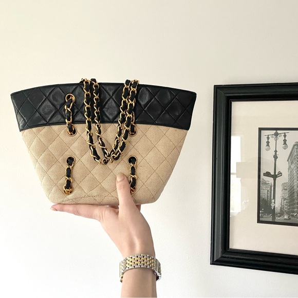 Chanel Vintage Navy Canvas Beige Mini Tote Bag - Picture 2 of 16